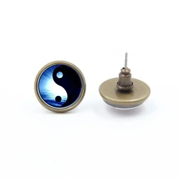 Yin Yang Zen Blue White Black Glass Cabochon Round Antique Bronze Stud Earrings - Picture 2 of 3